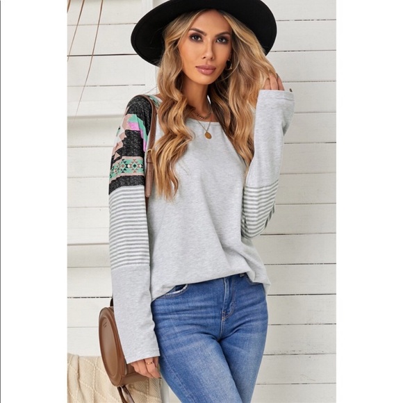 Gray Boho Aztec Chevron Shoulder Long Sleeve Tee - Picture 4 of 5